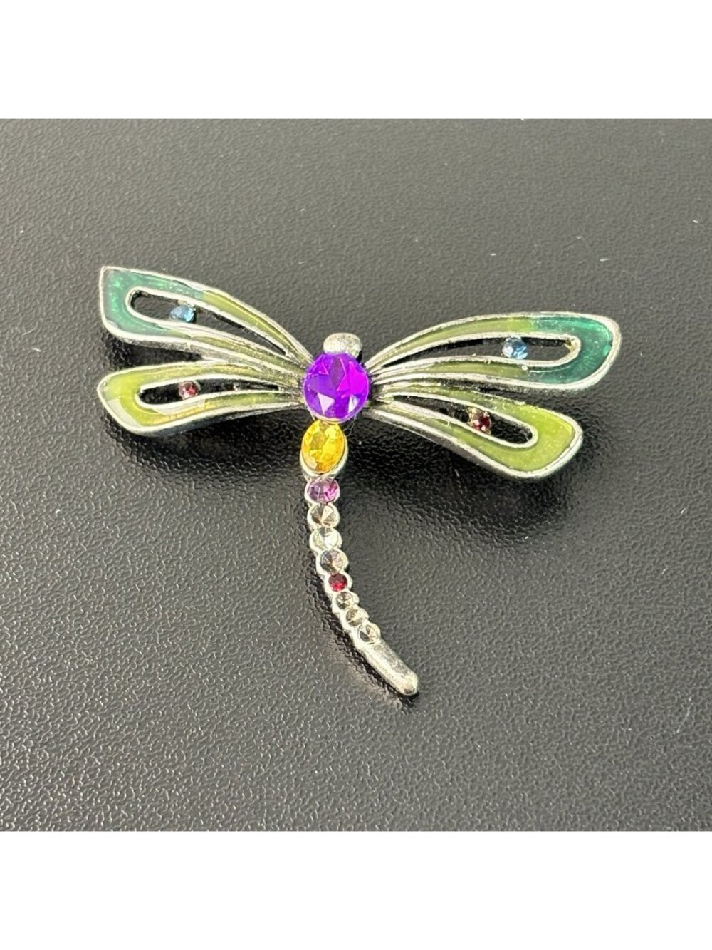 Vintage Enamel Rhinestone Dragonfly Brooch Pin 2" Wide Pin Jewelry